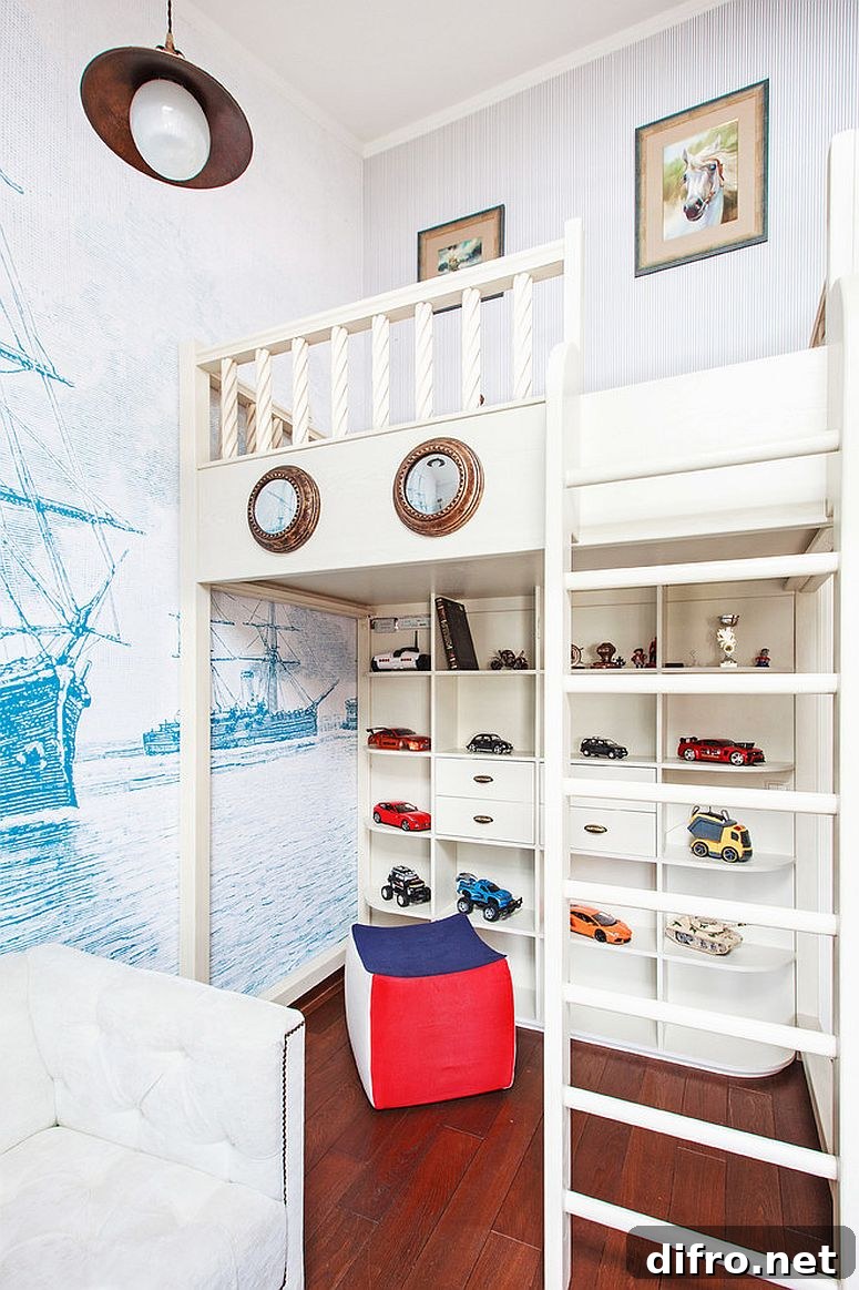 Loft-style bed that maximizes a tiny kids' bedroom