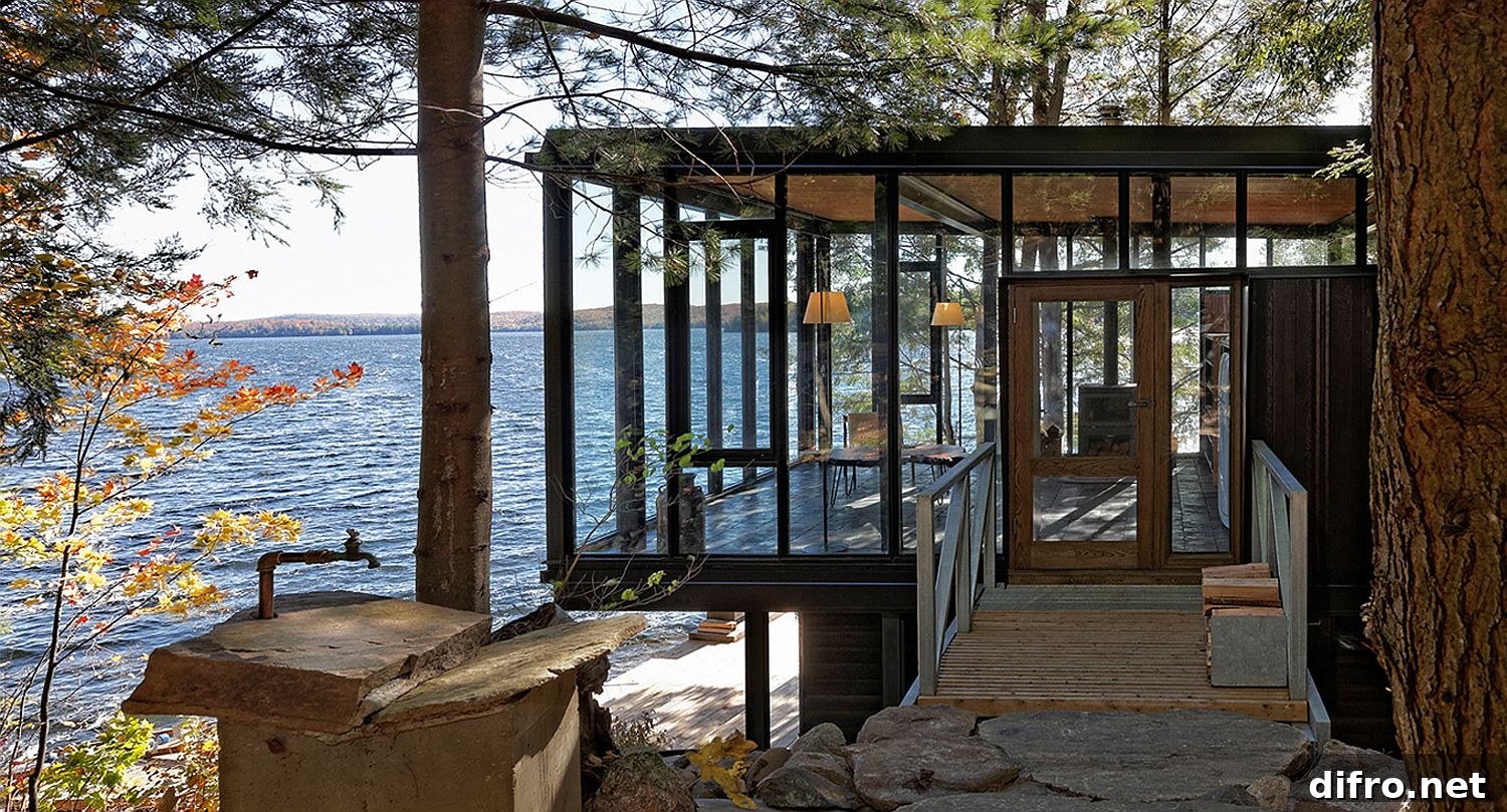 Glass walls create a natural, luminous interior in the lakeside home