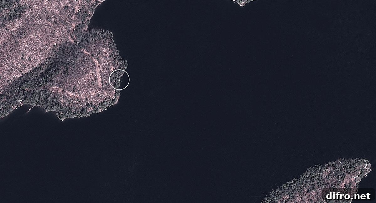 Aerial view showing the boathouse location on Kawagama Lake