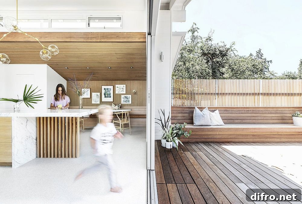 Built-in seating connecting kitchen to deck