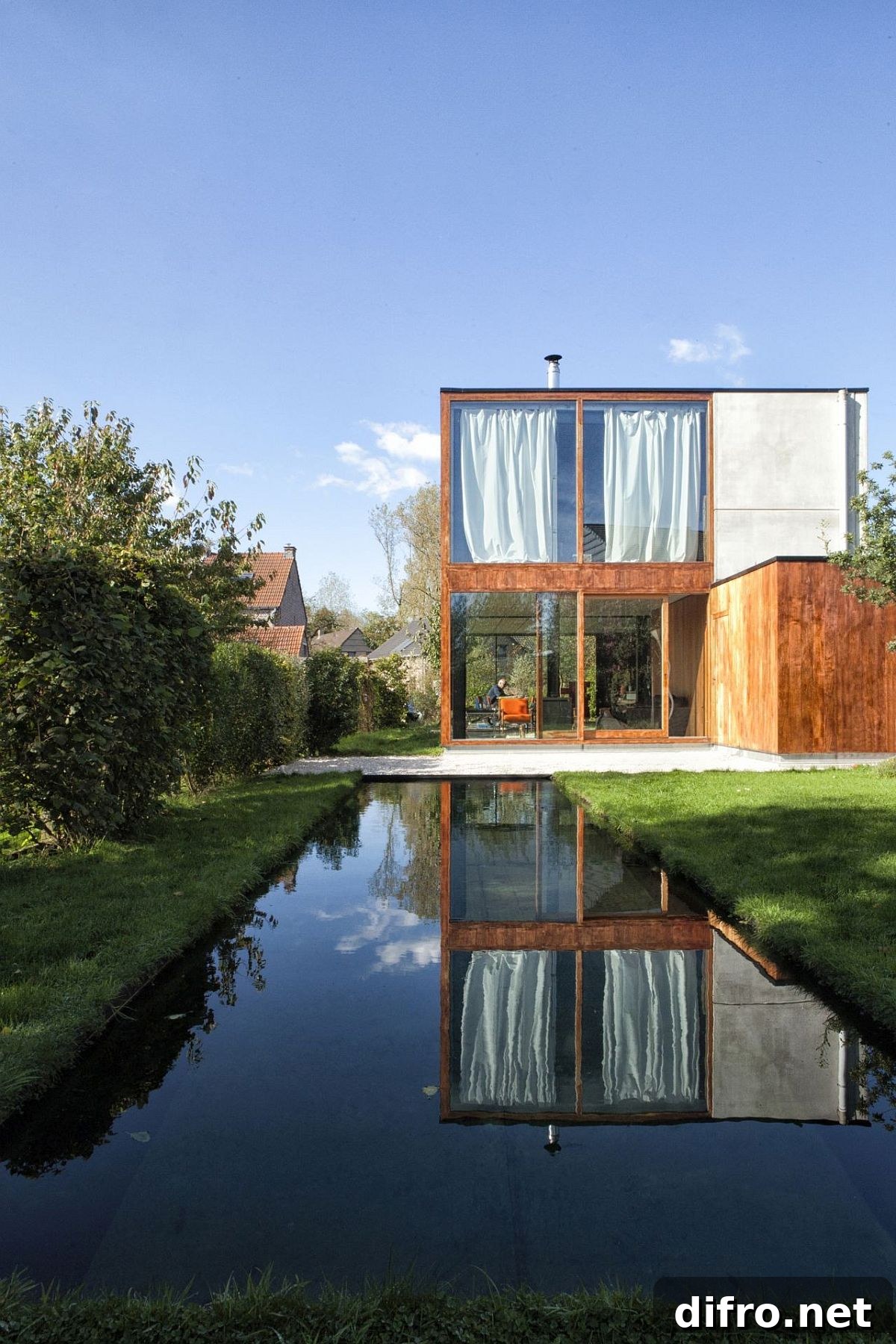 Reflective pool and garden around the house
