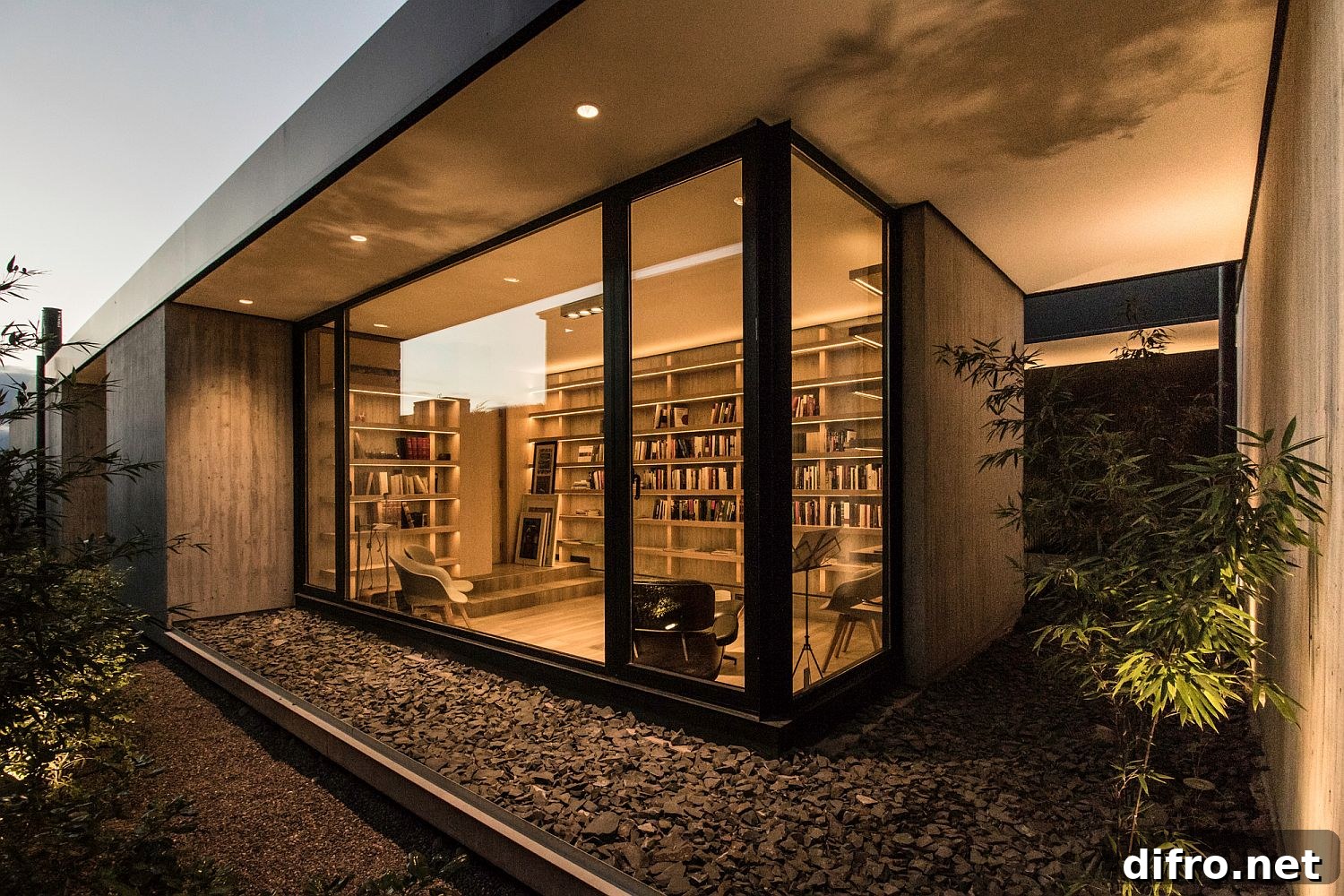 Reading room in the corner and home office opens up towards the outdoors
