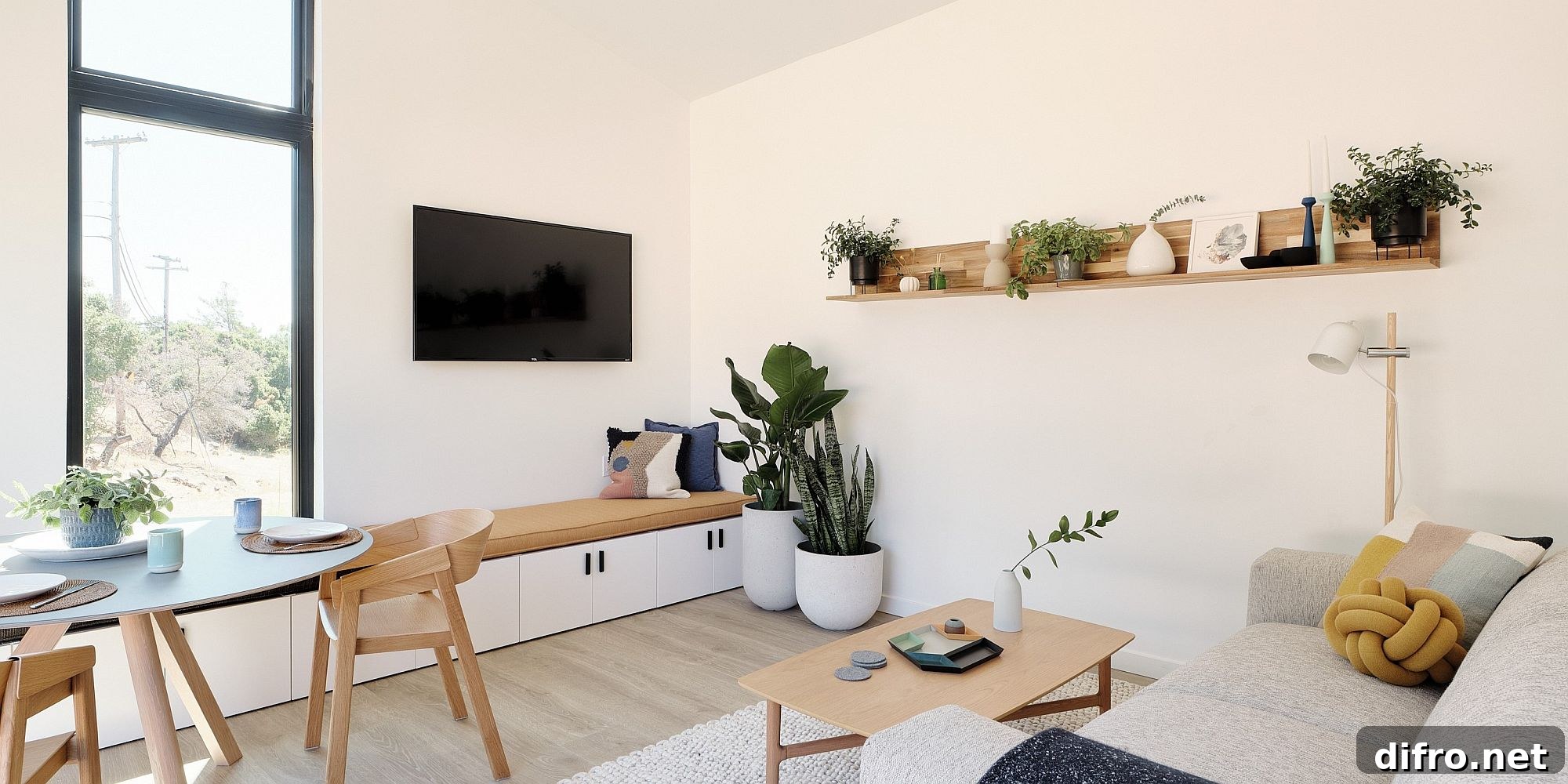 White and wood tiny living room design