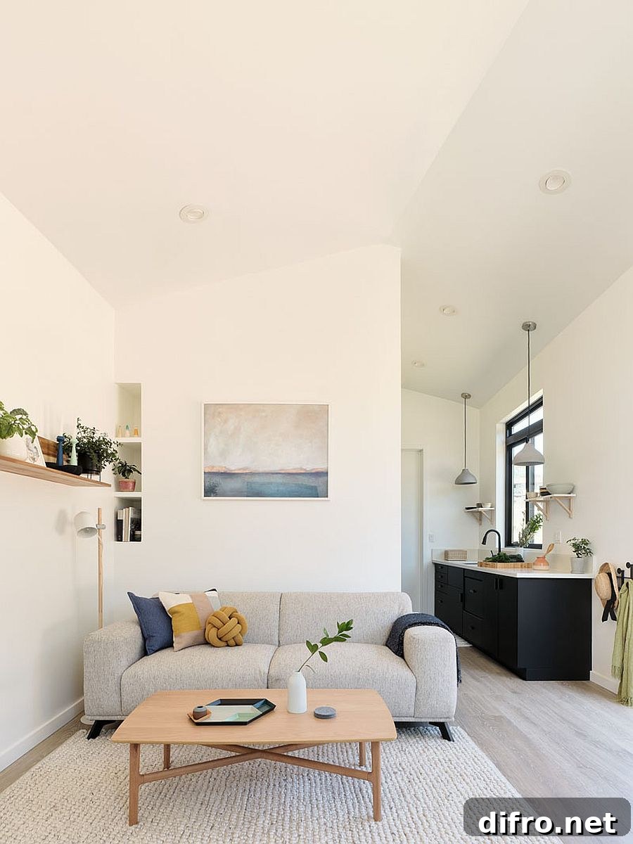 Spacious and simple living room inside the modern tiny house