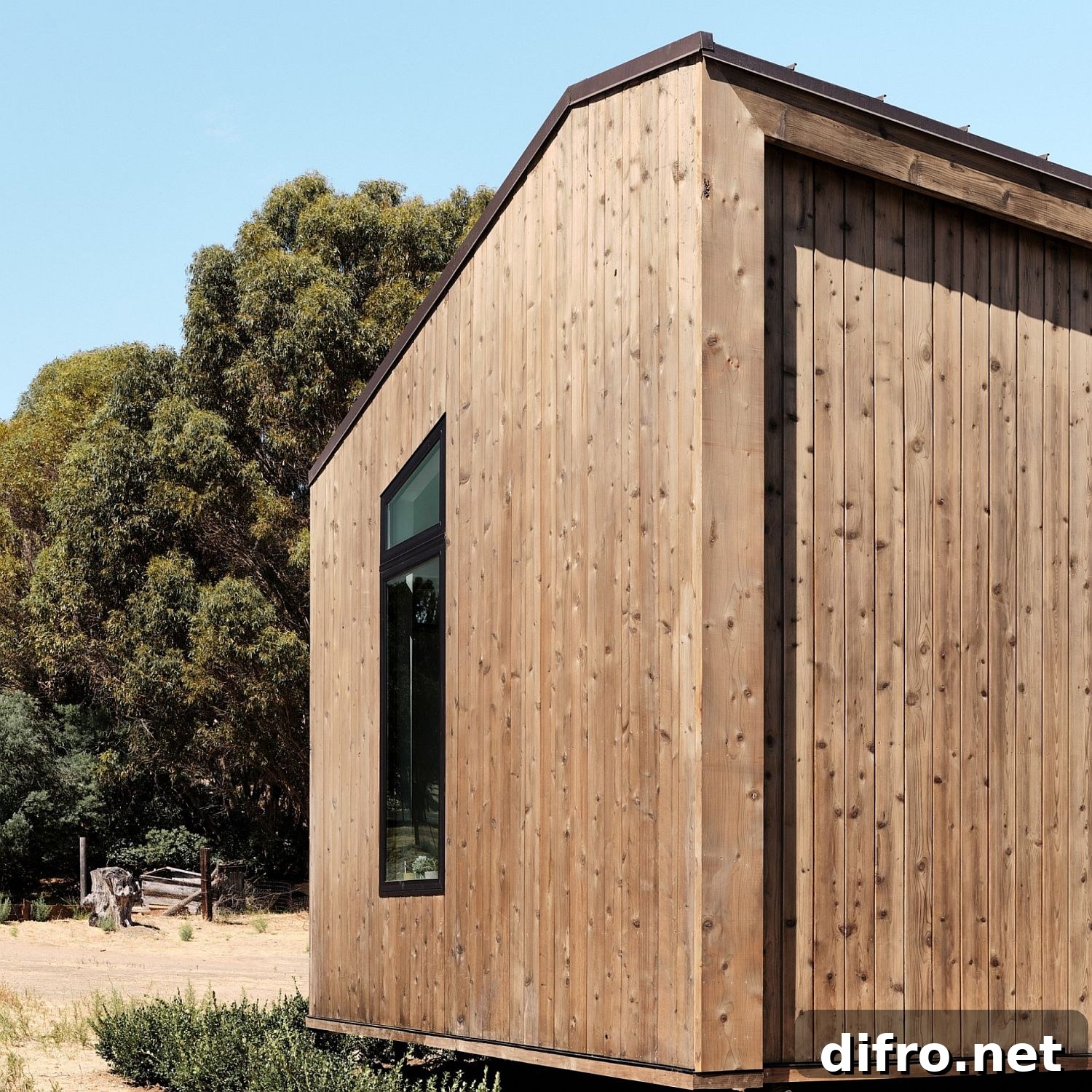 Standing seam metal roof and wood tiny house