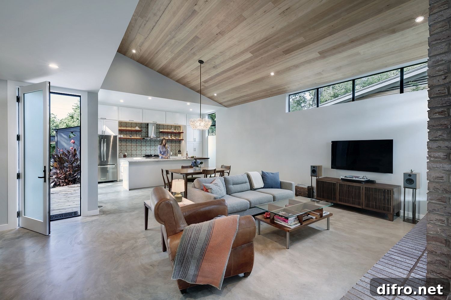 Kitchen and dining room connected with the living area