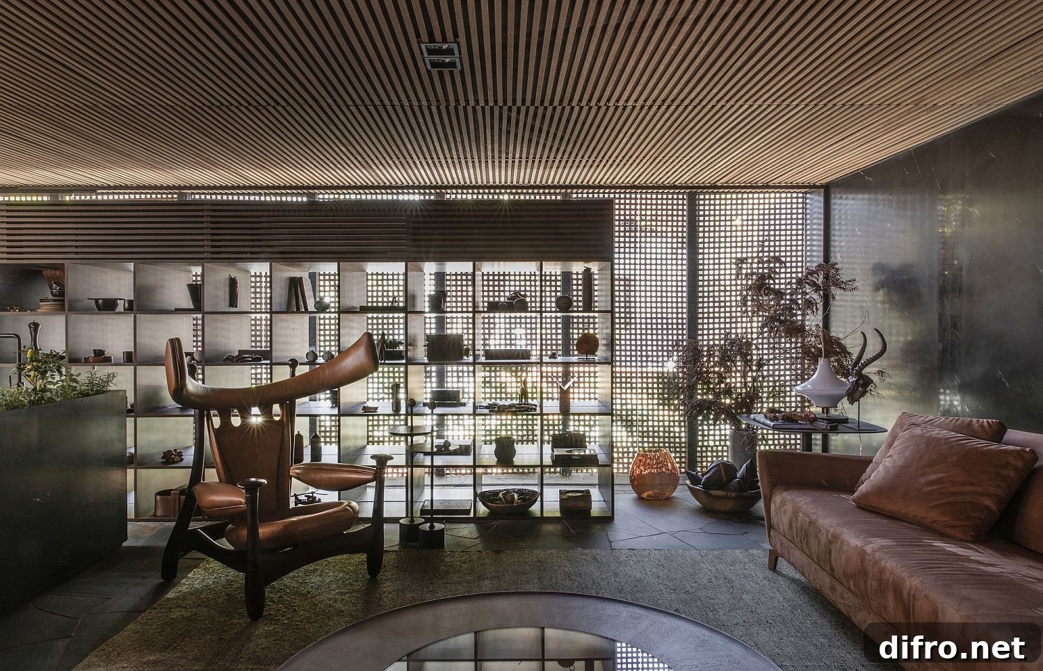 Sophisticated living room with stone wall and wooden ceiling