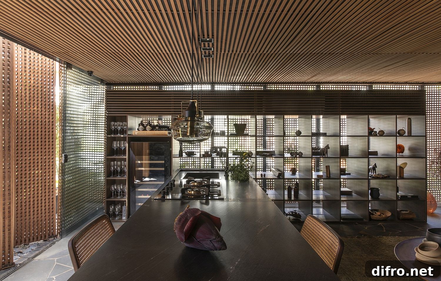 Interior wooden framework creating a cozy atmosphere