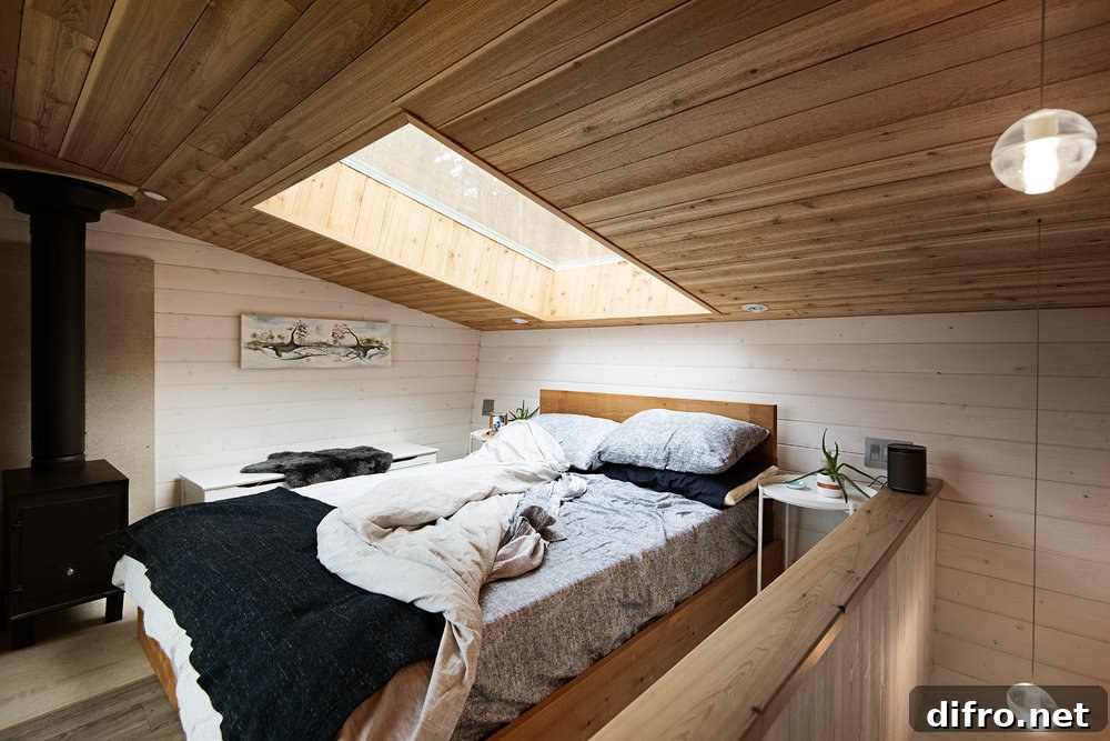 Skylight above the bedroom provides views of the sky