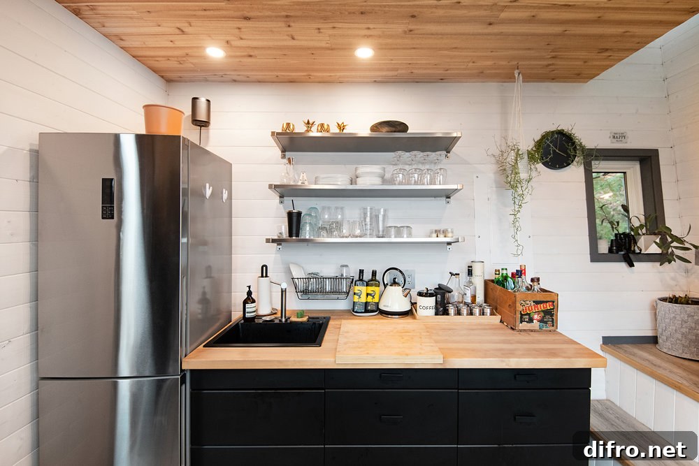 Appliances and storage integrated into the tiny kitchen design