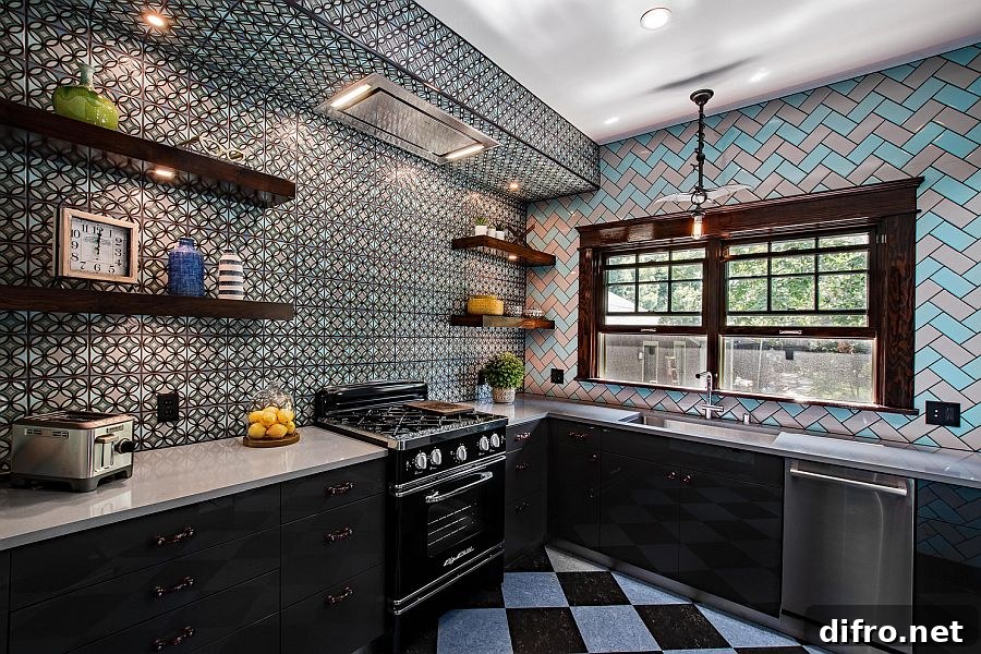 Multiple light sources illuminate this eccentric kitchen with stunning use of tile