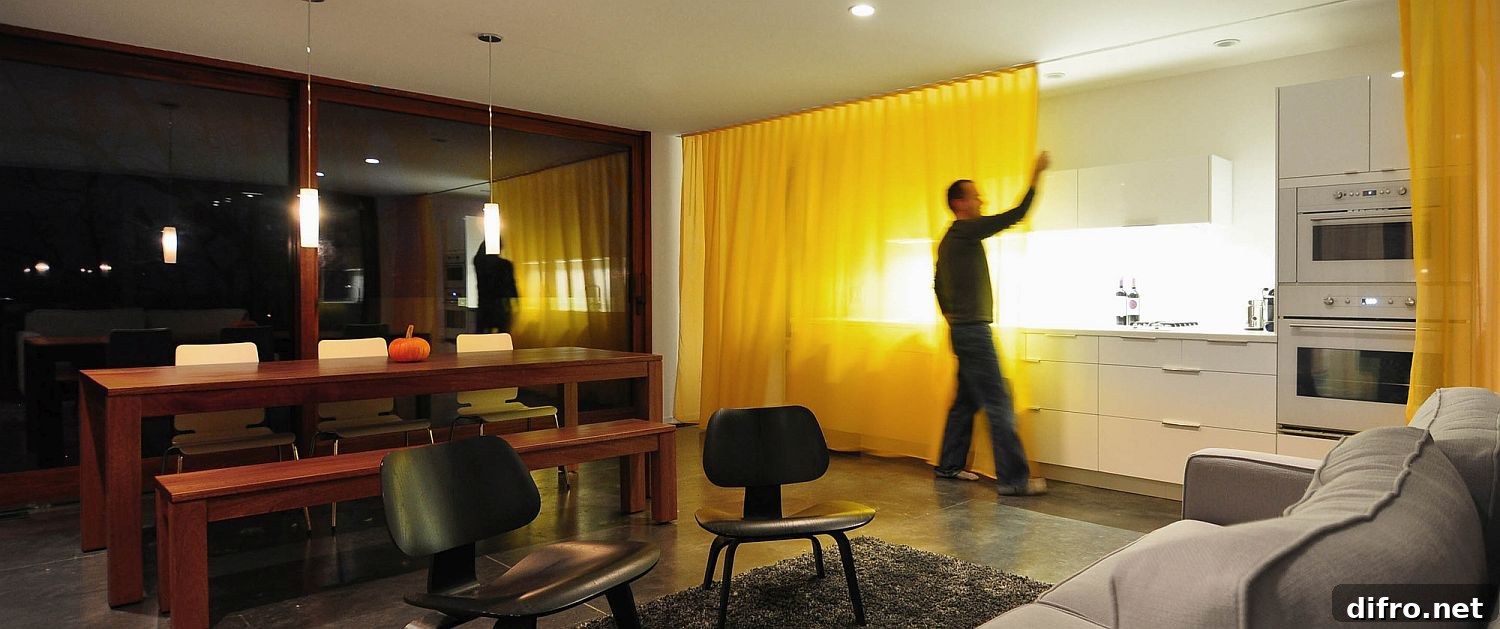 Floor-to-ceiling drapes enhance privacy in the living area