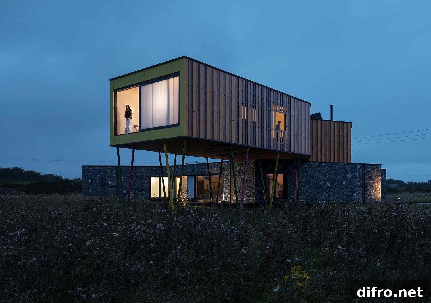 Cantilevered upper level of the house overlooking the meadows in the distance