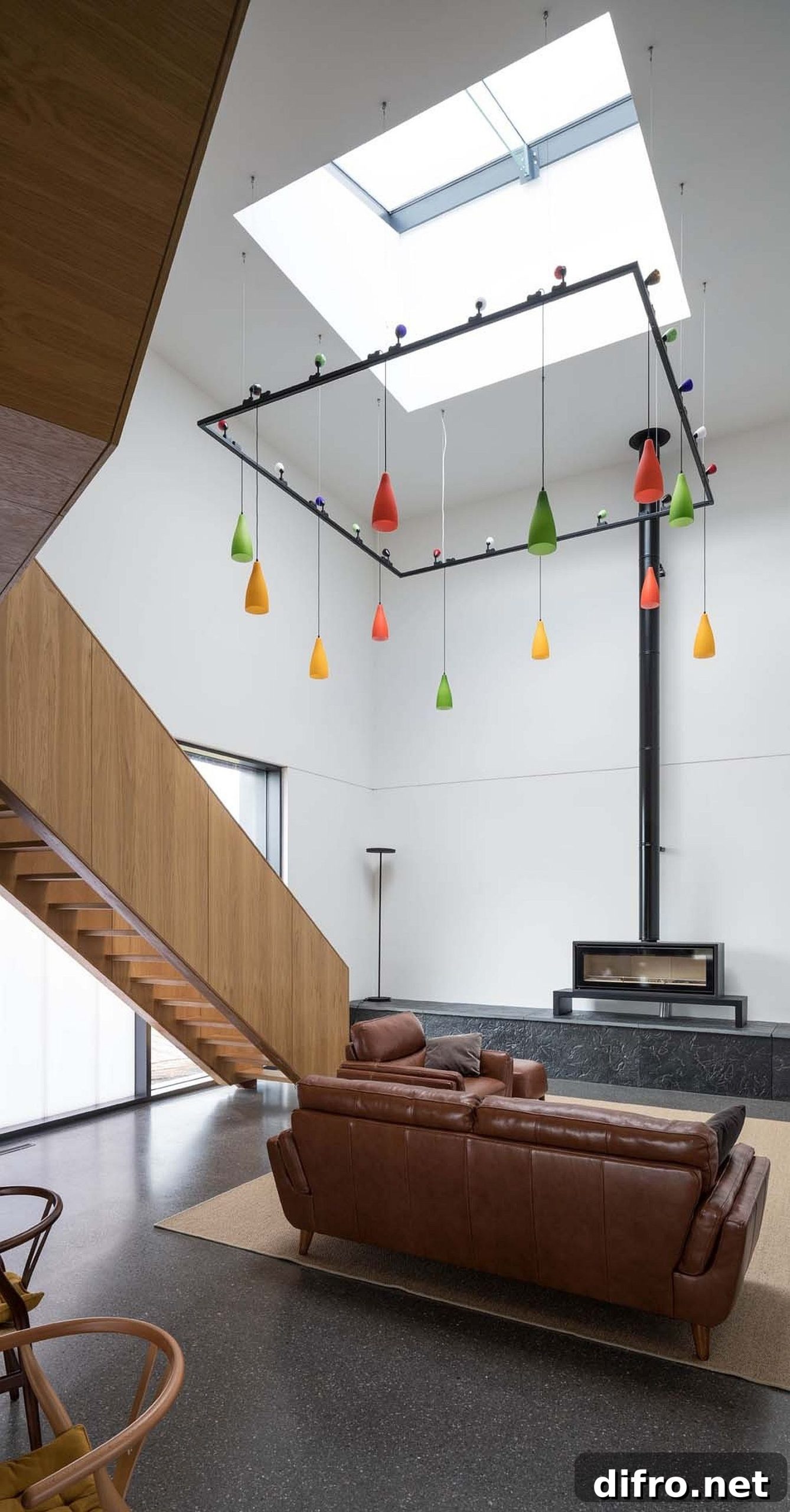 Skylights coupled with multi-colored pendants inside the house