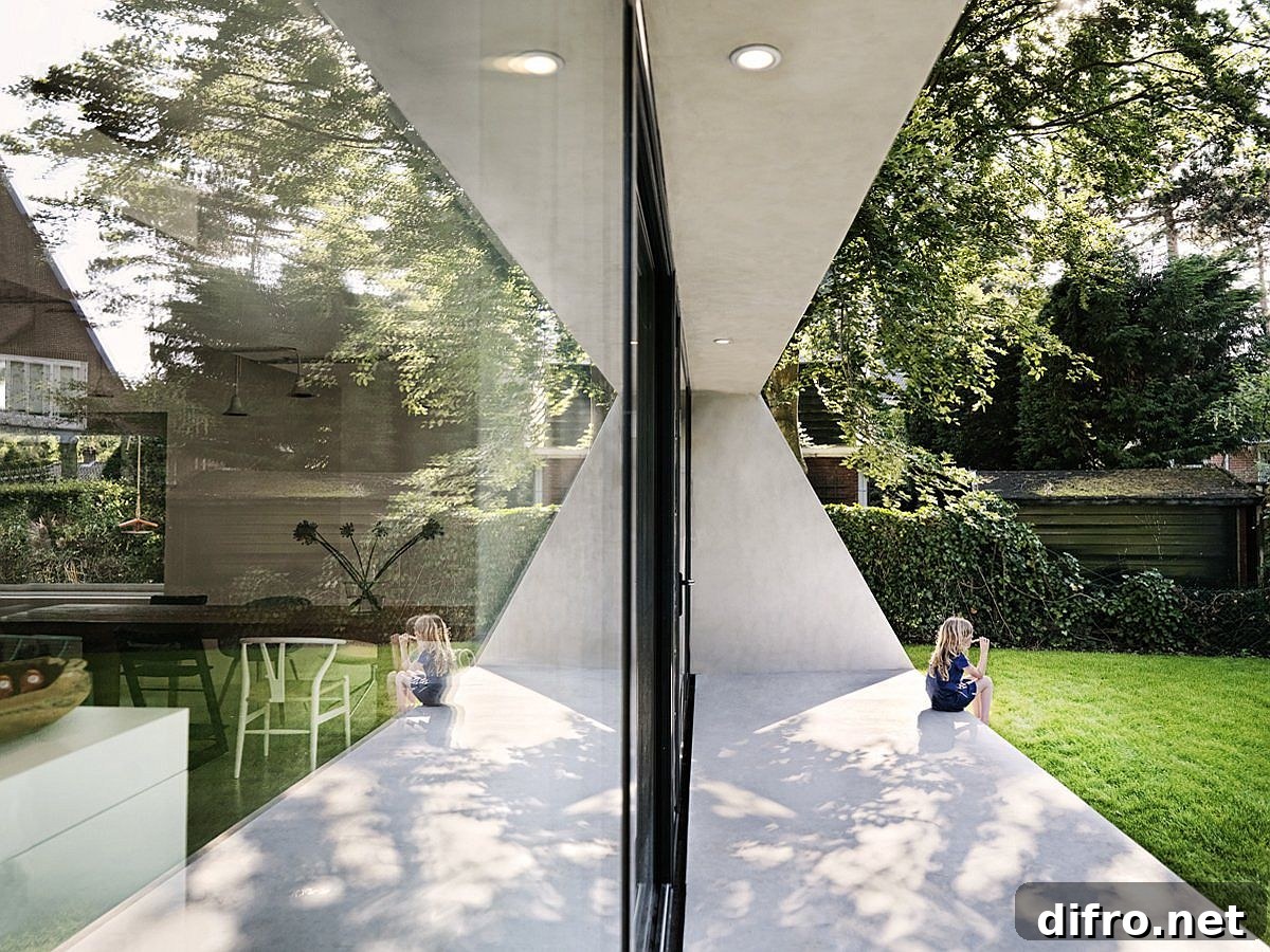 Natural patio created by the structure overlooking the garden