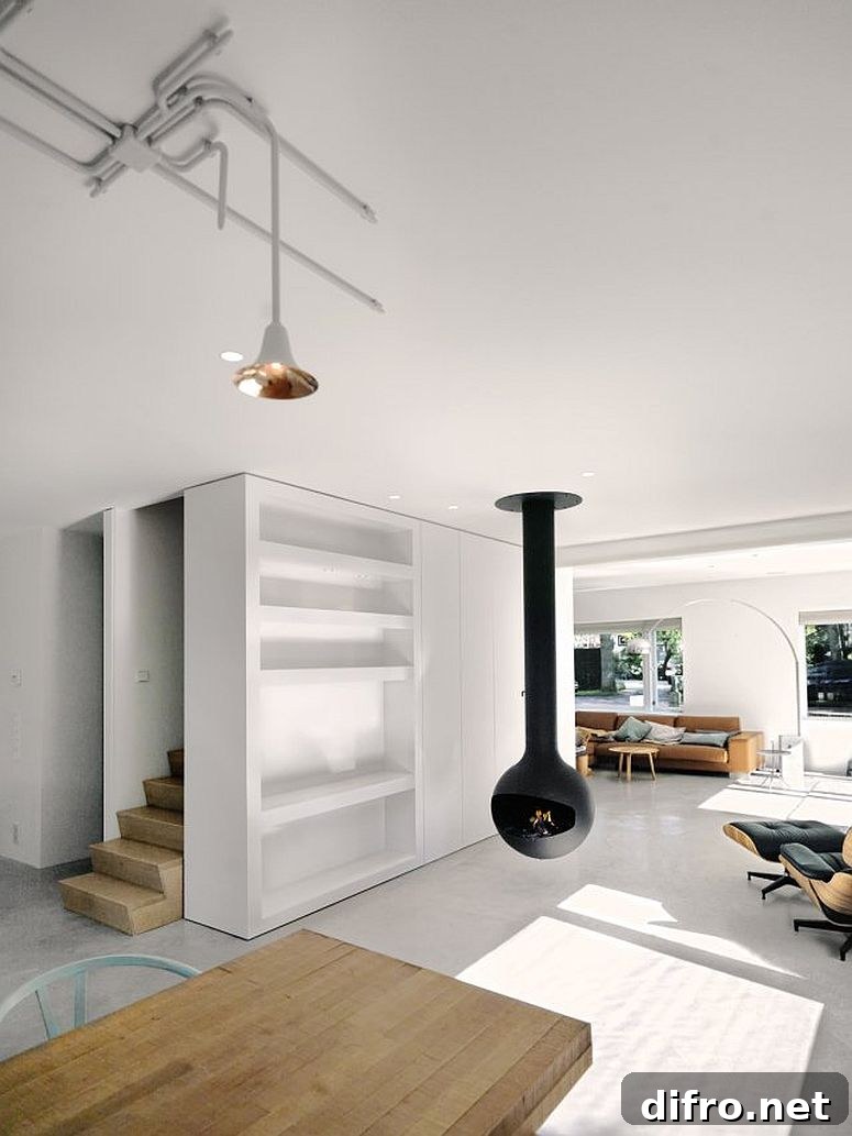 Contemporary fireplace anchoring the living space