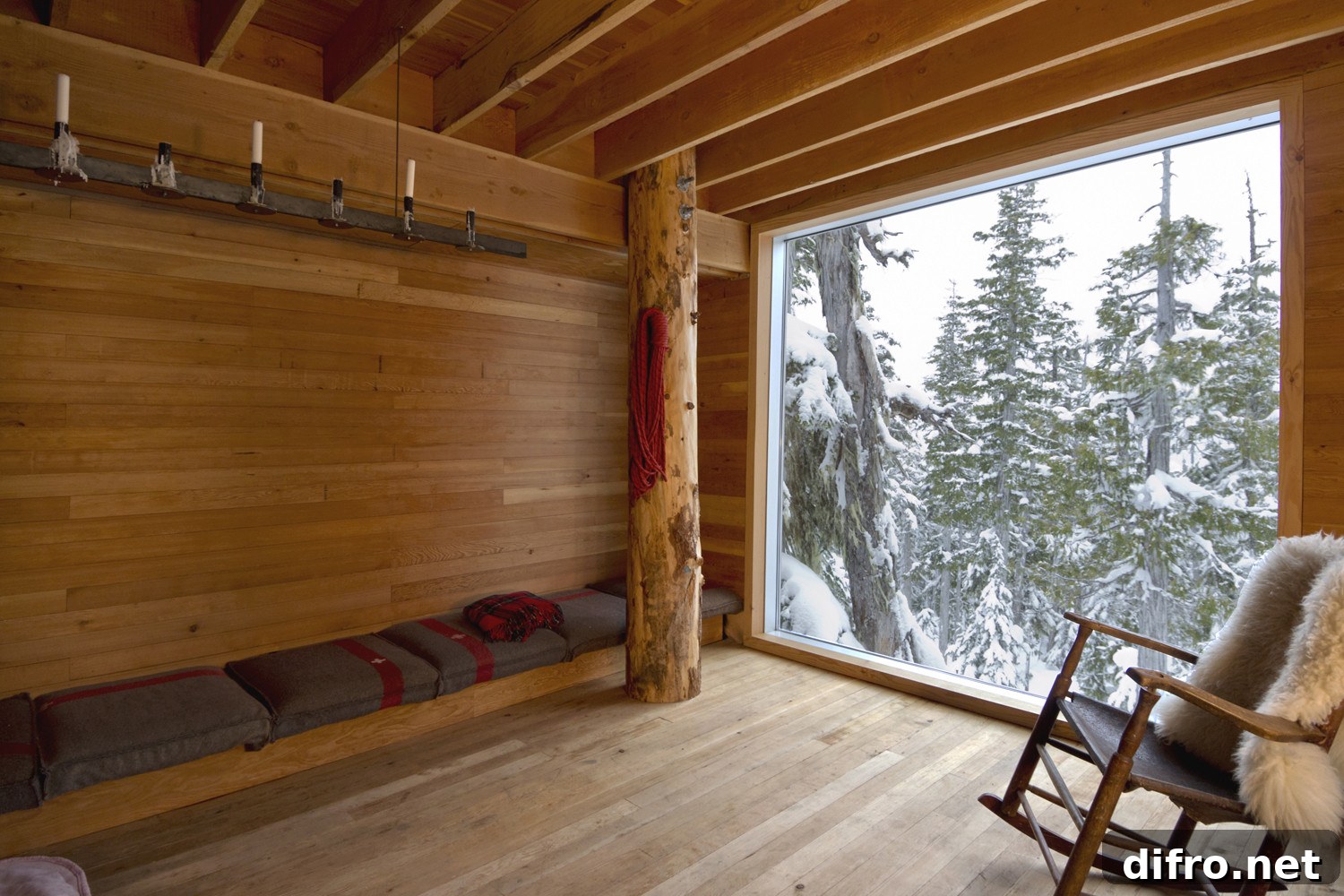 Interior finishes: Douglas fir columns and planed fir