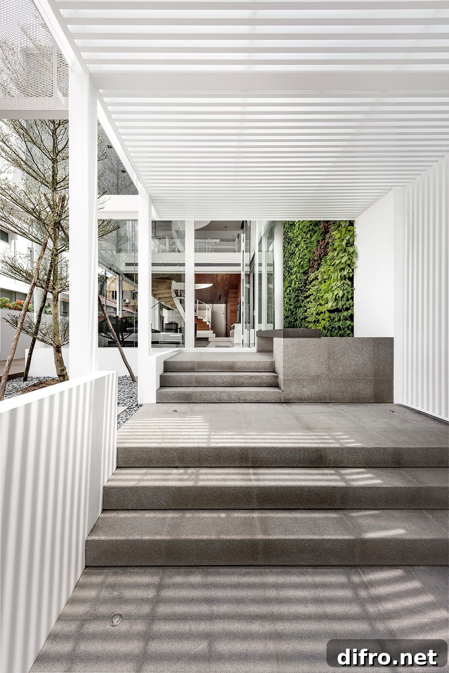 Shade provided by the structure adds to the ambiance of the spaces around the home