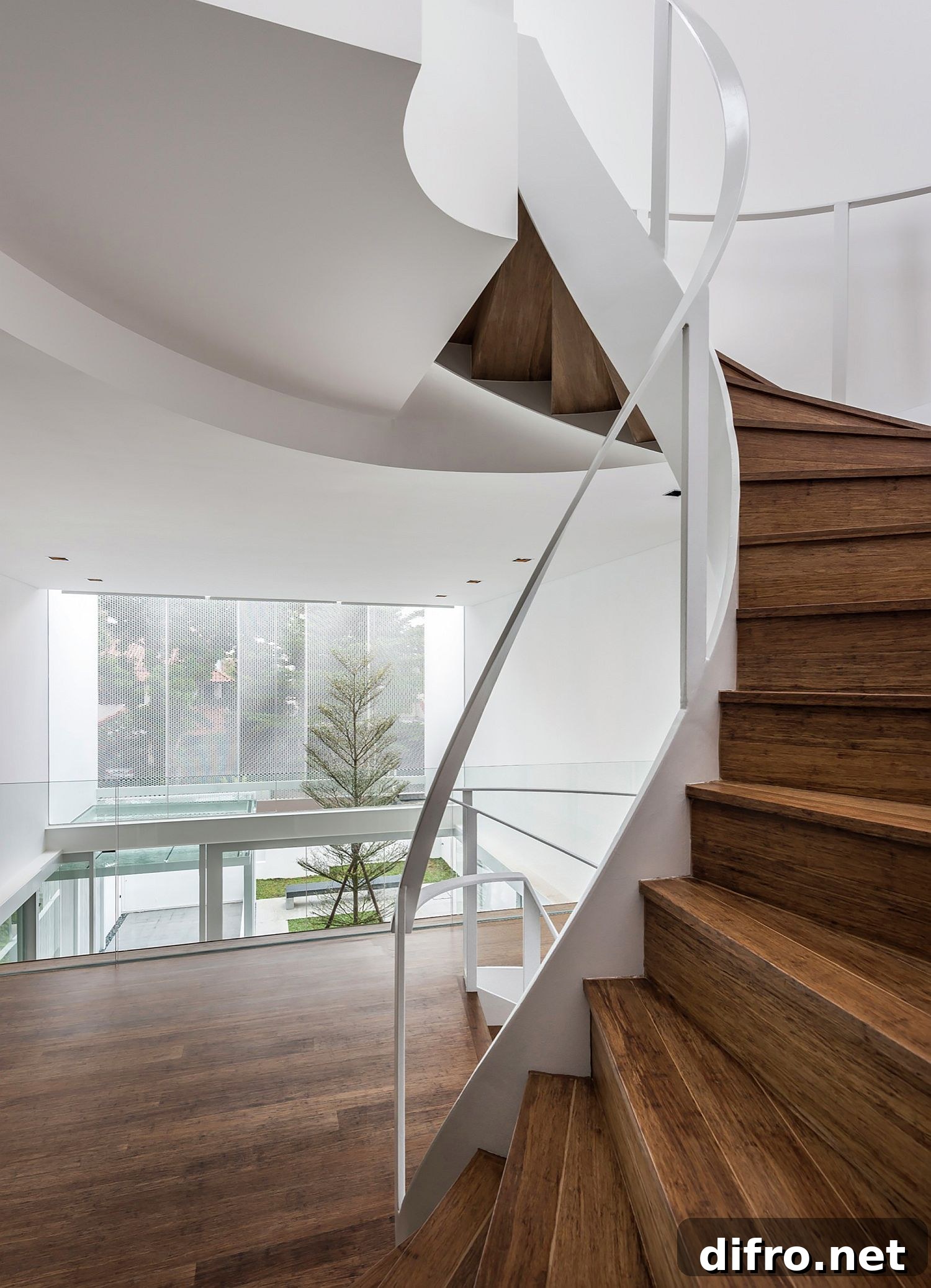 Contemporary wooden staircase as central focal point