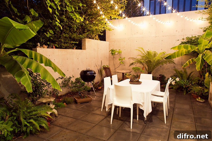 String lighting illuminating outdoor dining