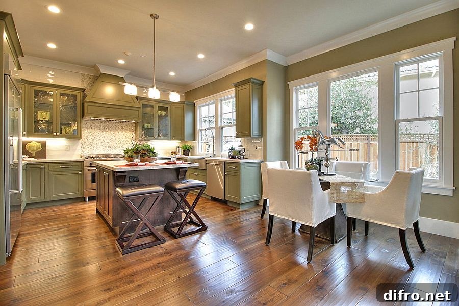 Green modern kitchen with small dining area