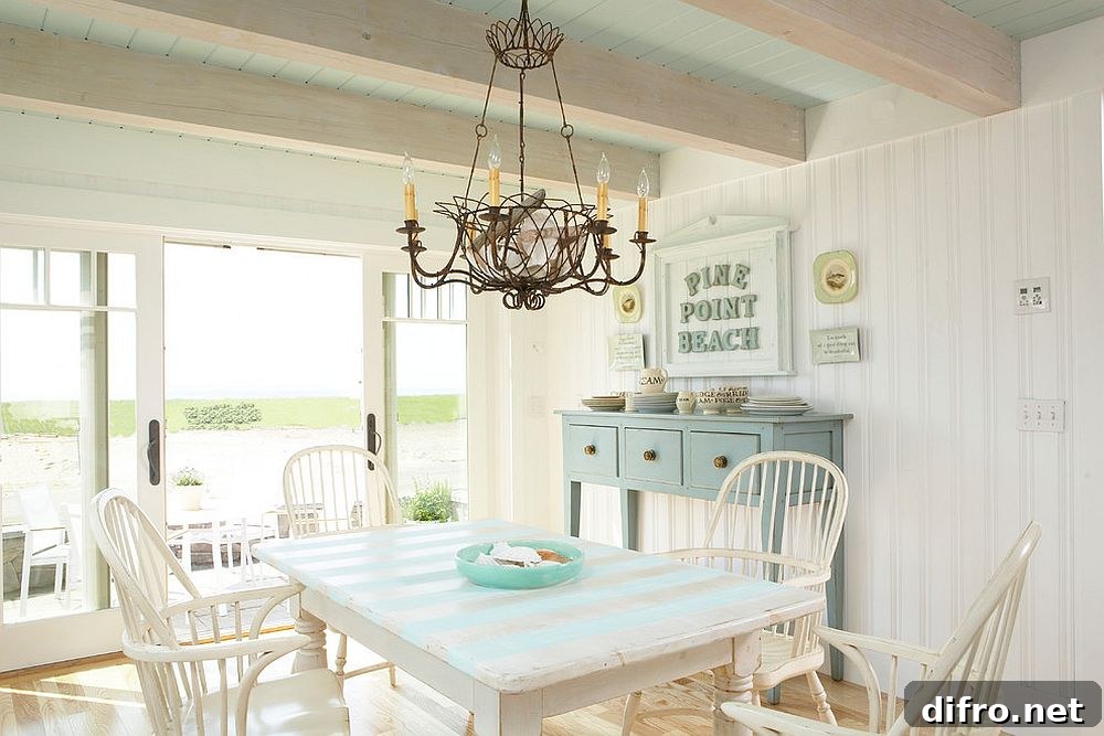 Coastal dining room with natural light and white tones