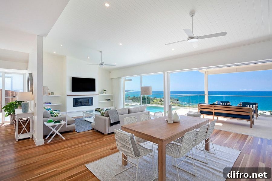Wood and white dining room feeling like an extension of living area
