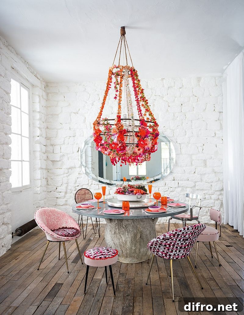 Shabby chic dining room with whitewashed brick
