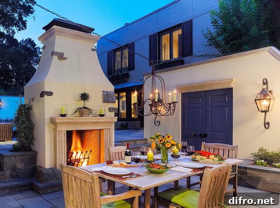 Outdoor dining area next to a fireplace