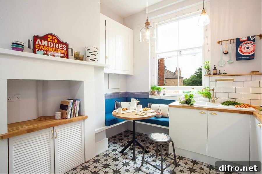 Ultra-tiny corner banquette used as a breakfast zone for two