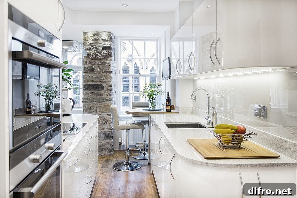Kitchen with accent stone wall and space-savvy design