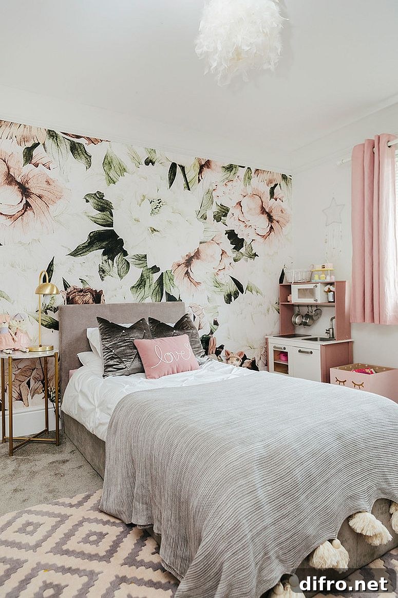 White and pink girls' bedroom with floral theme