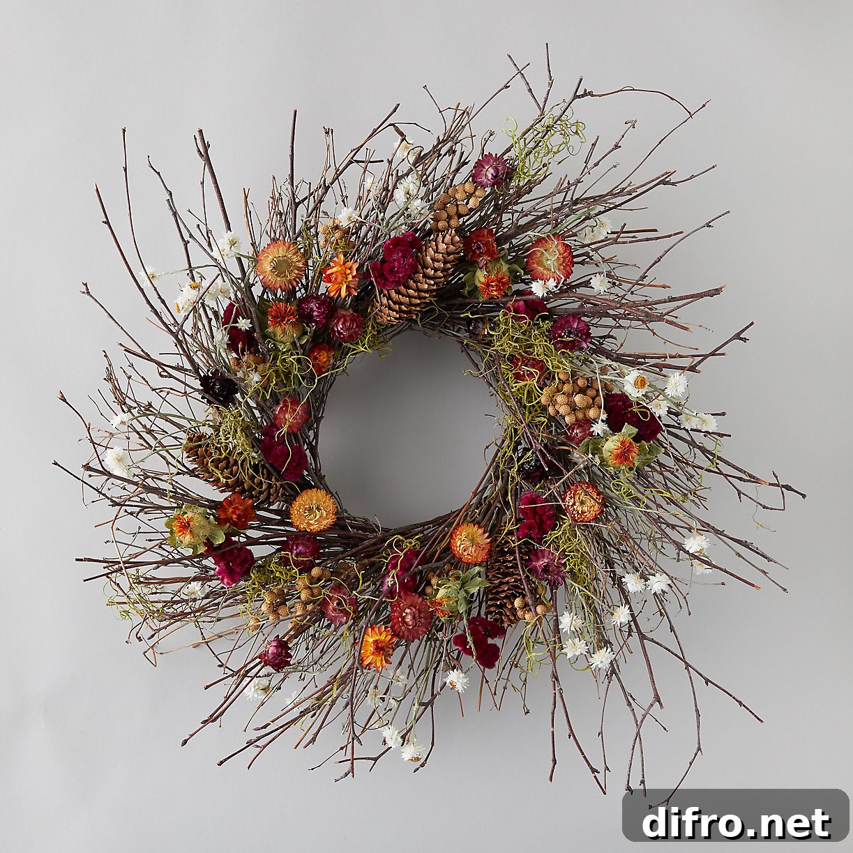 Vibrant fall wreath with birch branches