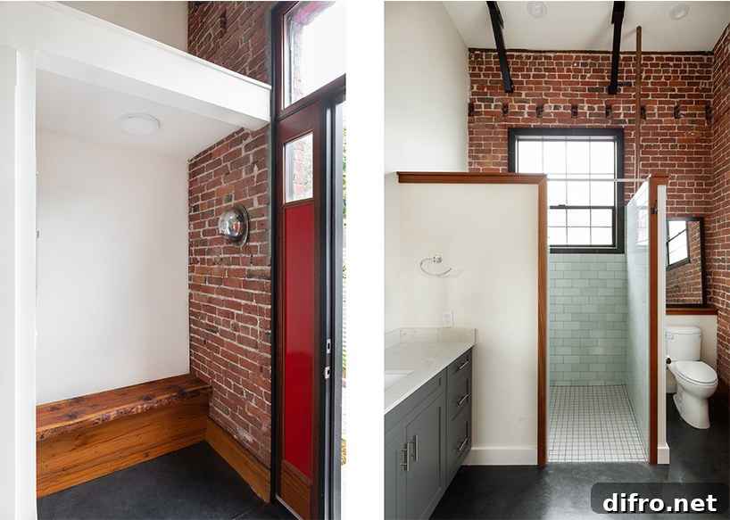 Open bathroom with exposed brick