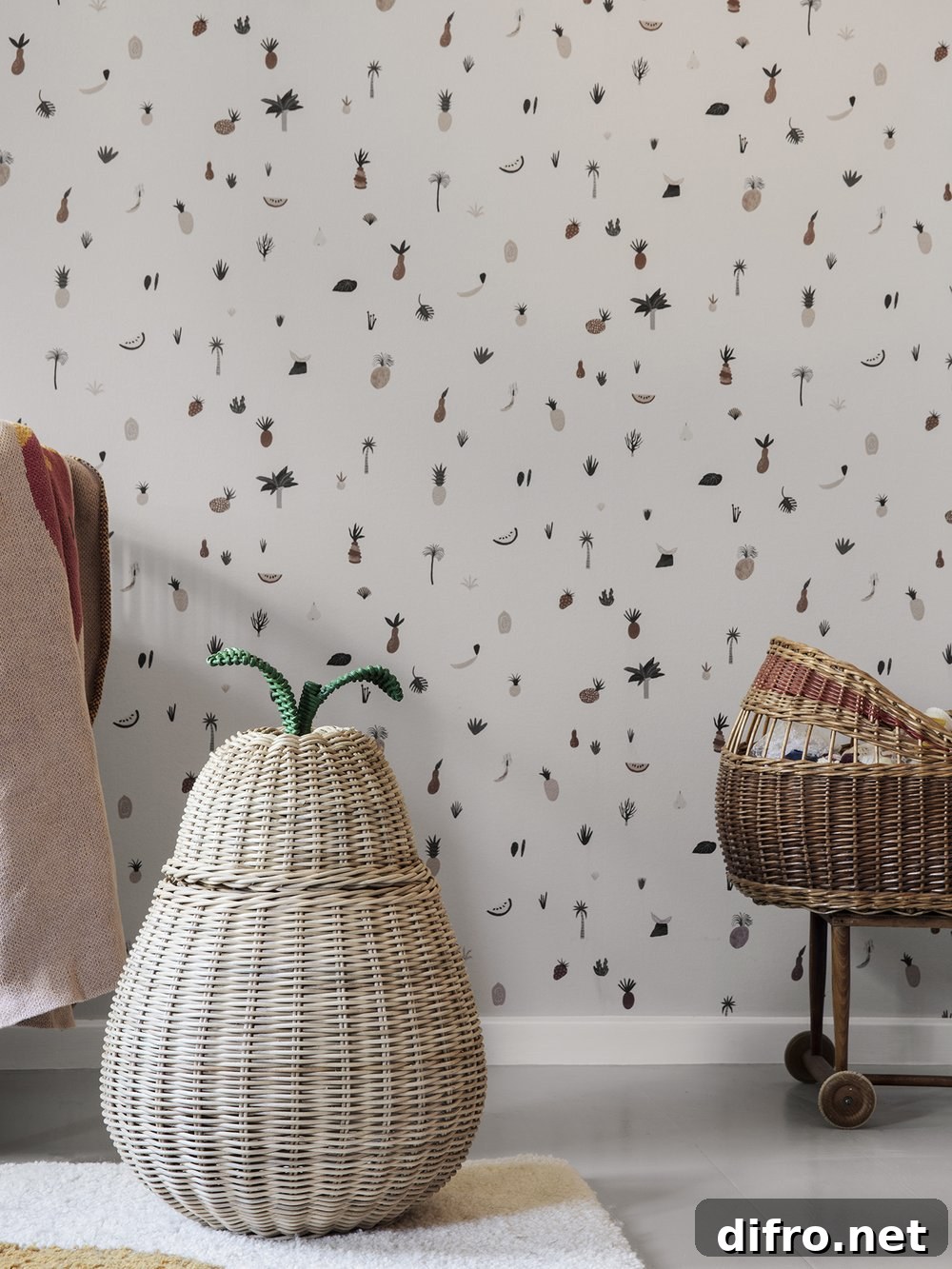cool white wallpaper with palm trees, pineapples, and watermelon pattern