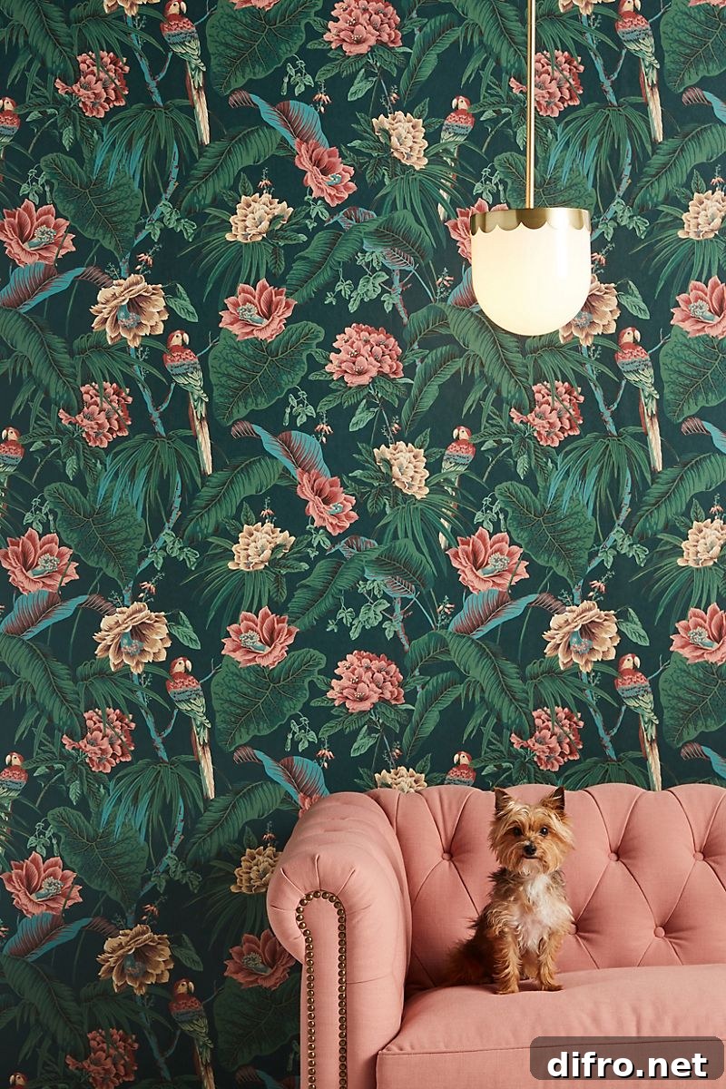 jungle pattern wallpaper featuring parrots and pink and yellow flowers