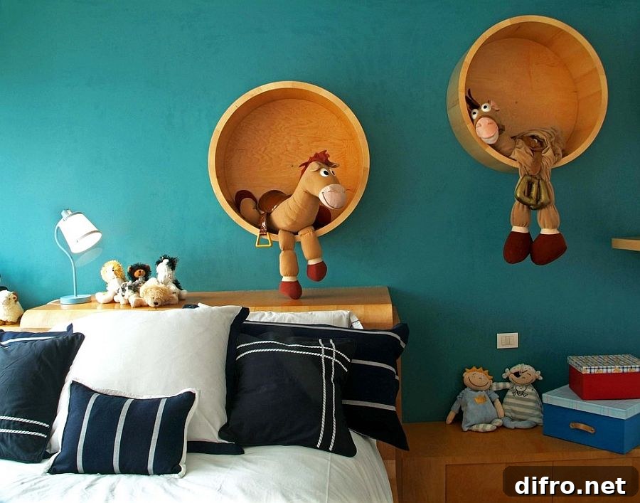 Children's room with round wooden shelves