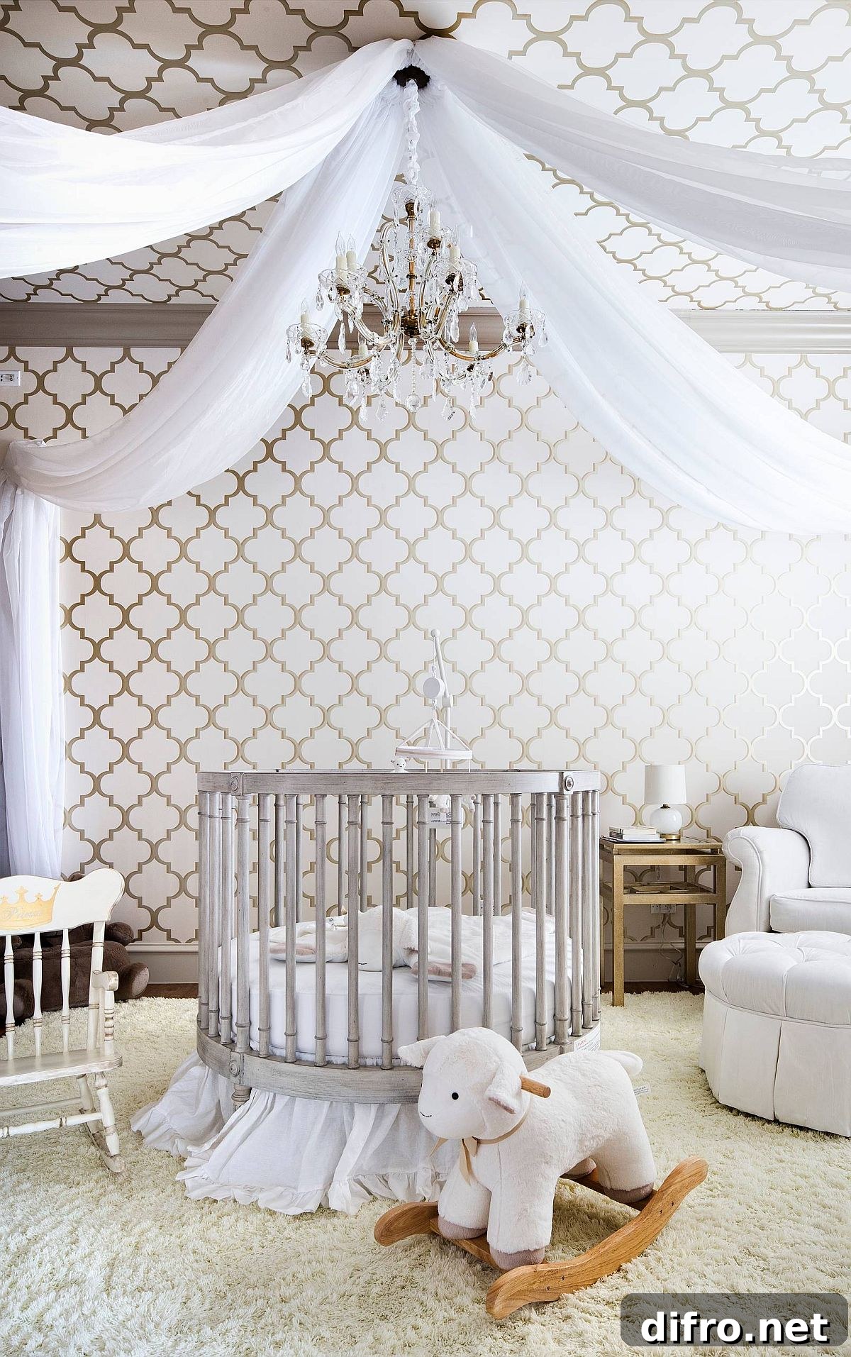 Mediterranean style nursery with wallpaper, striking lighting and white sheers
