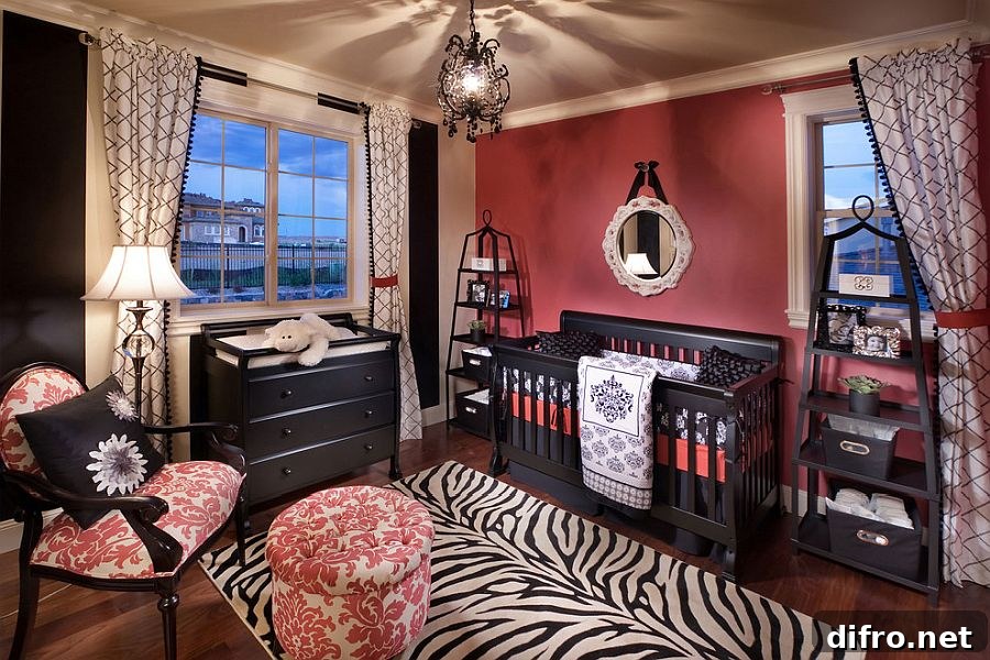 Rug with zebra print and dark pink walls in a Mediterranean-style nursery