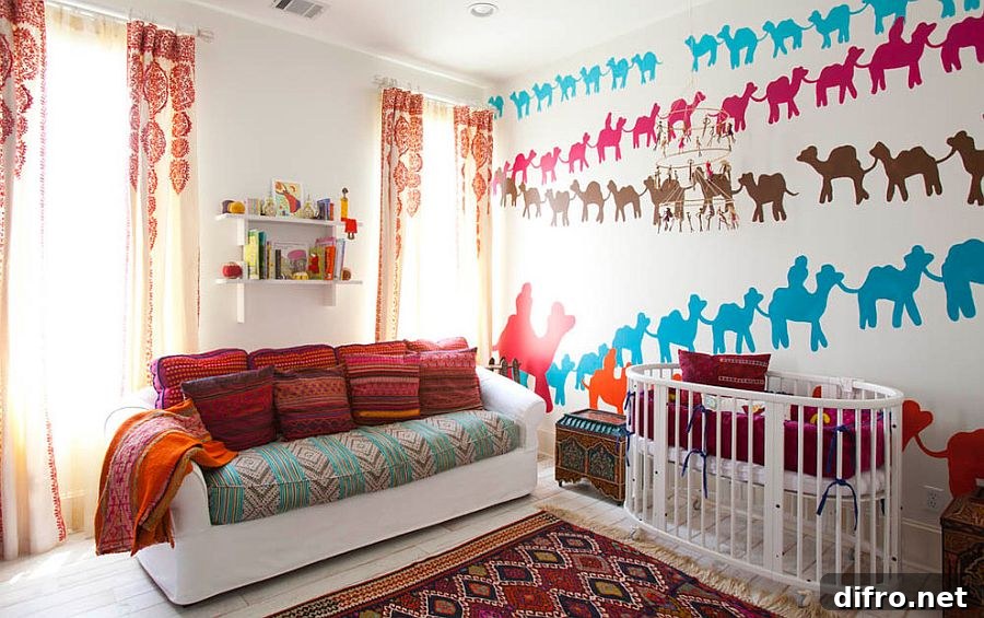 Pillows, drapes and wall decal creating a Mediterranean vibe