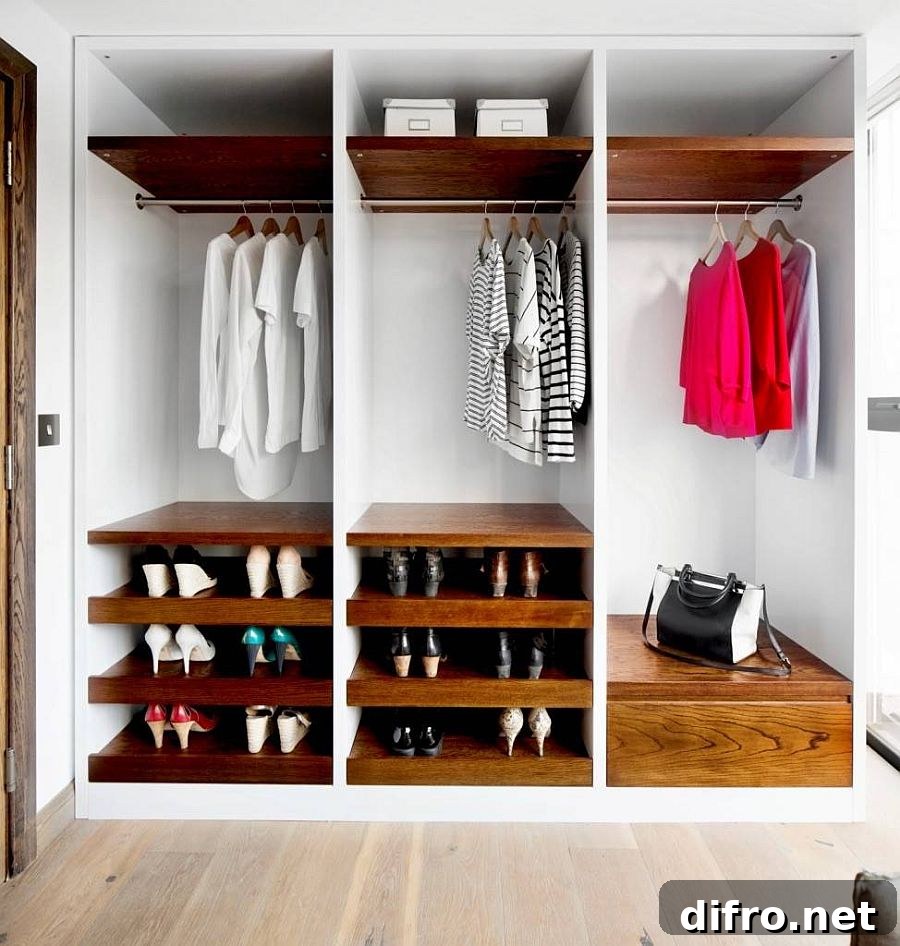 White wooden shelves in closet