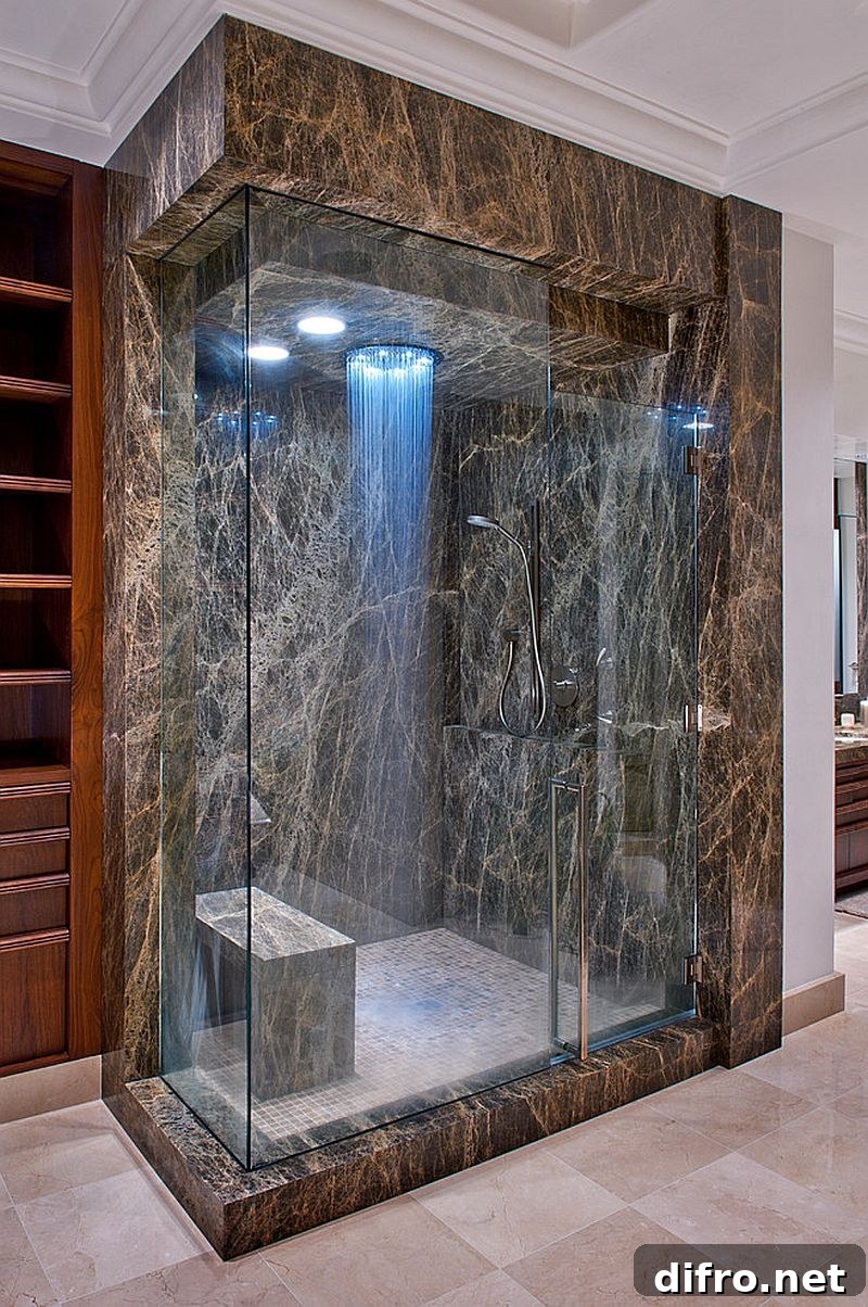 LED lighting in rainfall shower