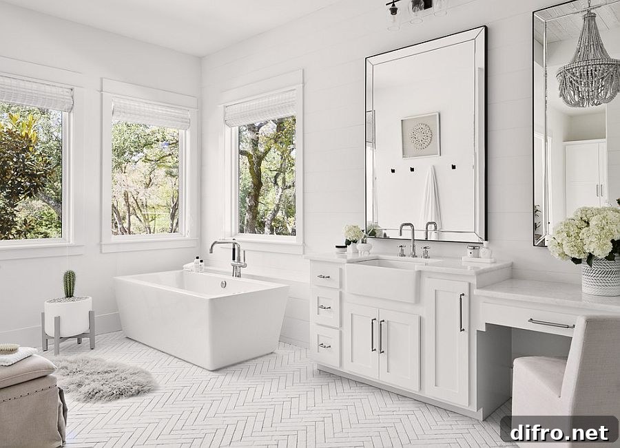 Monochromatic white bathroom with mirrors