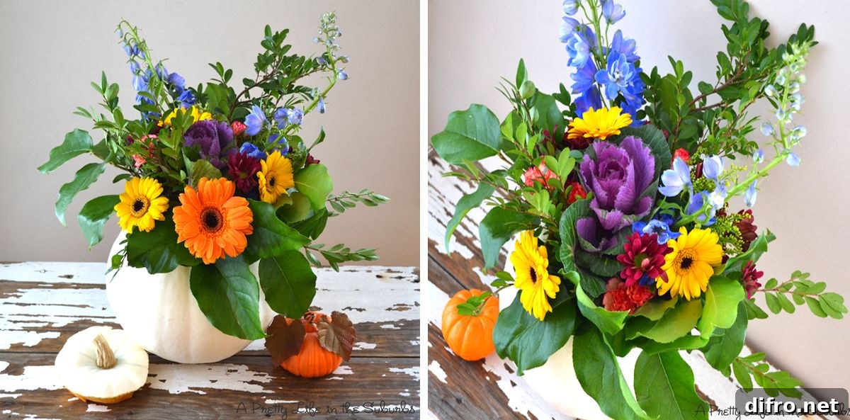 Easy pumpkin flower arrangement idea for last-minute Thanksgiving decoration