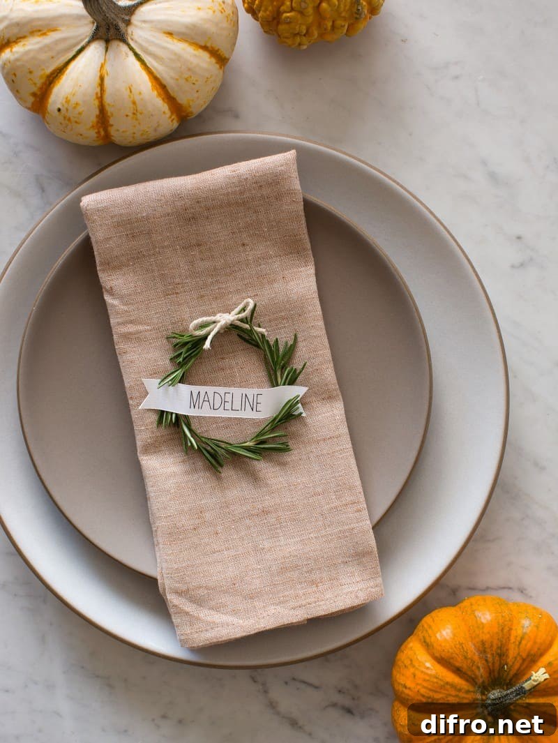 Simple and minimal rosemary place wreaths for the Thanksgiving table