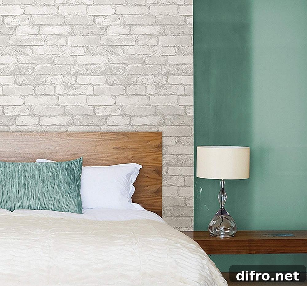 Bedroom with brick wallpaper accent wall