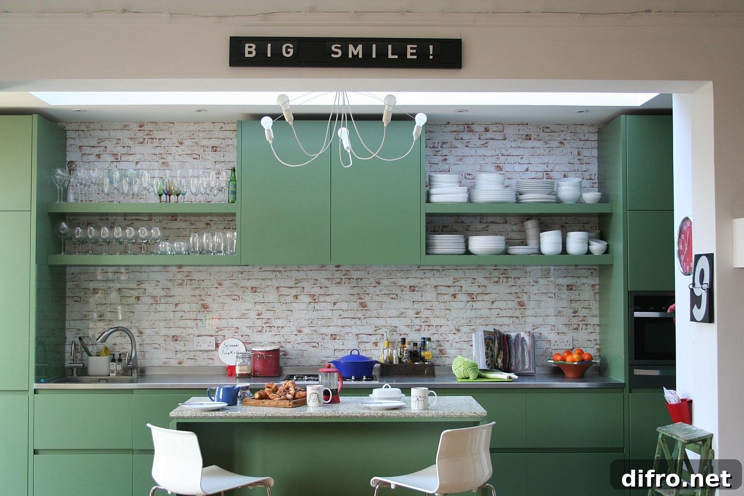 Kitchen backsplash using brick wallpaper under glass