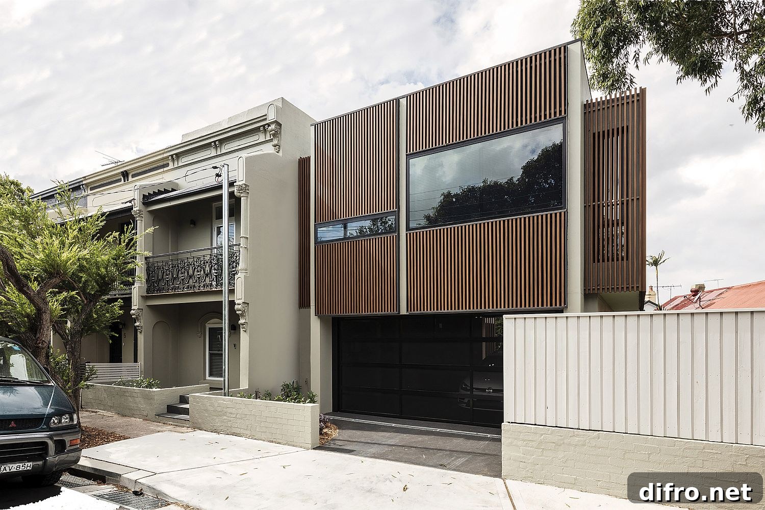 Wooden street facade blending old and new