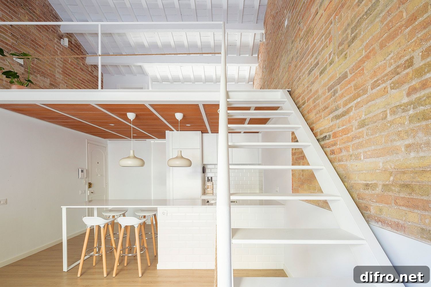 White, wood and brick apartment in Barcelona