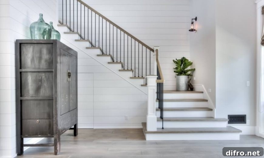 Staircase with modern and traditional shiplap